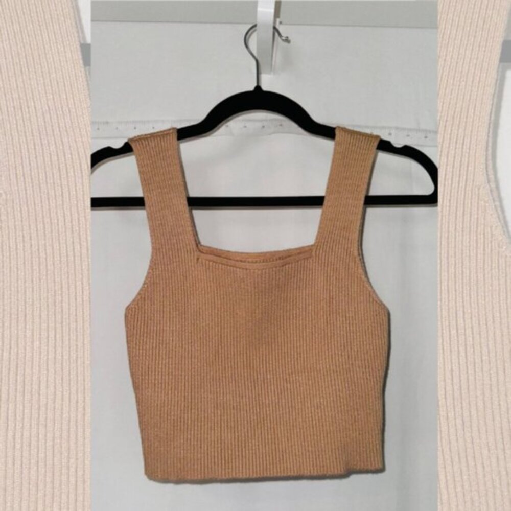 Womens Size 14 Ribbed Knit Square Neck Wide Strap Pullover Cropped Top Shirt Tan